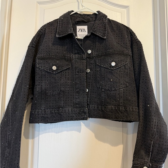 Zara Black Crystal embellishments Jean Jacket oversized - Picture 1 of 3
